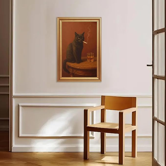 ICHZUMW Gold Framed Funny Black Cat Whiskey Vintage Canvas Wall Art 16x24In | Funny Cat Smoking Cigarette Picture, Quirky Animal Bar Wall decor, Bathroom Man Cave Bedroom, Fade Resistant, Ready to Hang