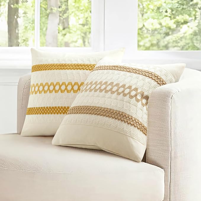 MIULEE Set of 2 Mustard Yellow Decorative Lumbar Pillow Covers 12x20 Inch | Fall, Boho Farmhouse Modern Couch Throw Pillows, Cotton Cushion Covers, Macrame Woven Home Decor for Bed Sofa Chair