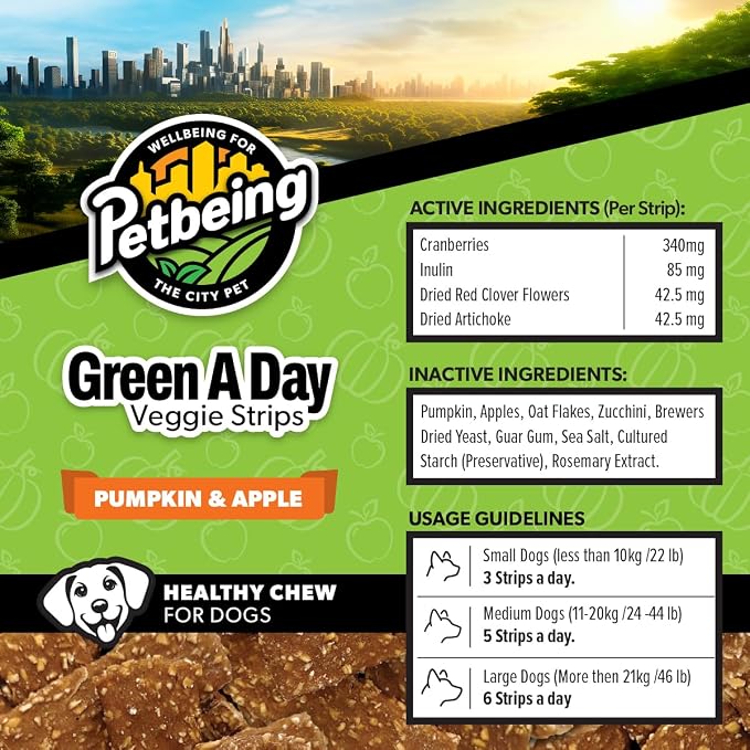 Green A Day Veggie Strips for Dogs | Vegetarian Dog Chews with Pumpkin, Carrot & Apple | Daily Wellness Treats with Fruits & Vegetables | Mix Pack, 4 Pack, 3 oz
