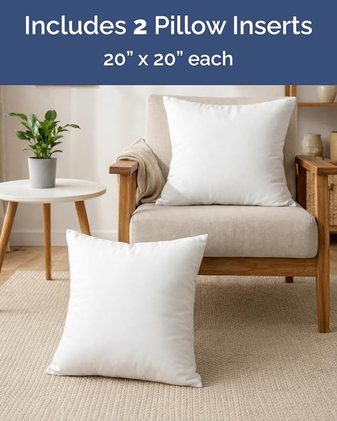 20x20 Pillow Inserts, Throw Pillows for Bed, Sofa & Couch - Set of 2, White | Decorative Bed Throw Pillows, Soft, Supportive & Fluffy Cushion Inserts, Sham Stuffer, Down Alternative, Machine Washable