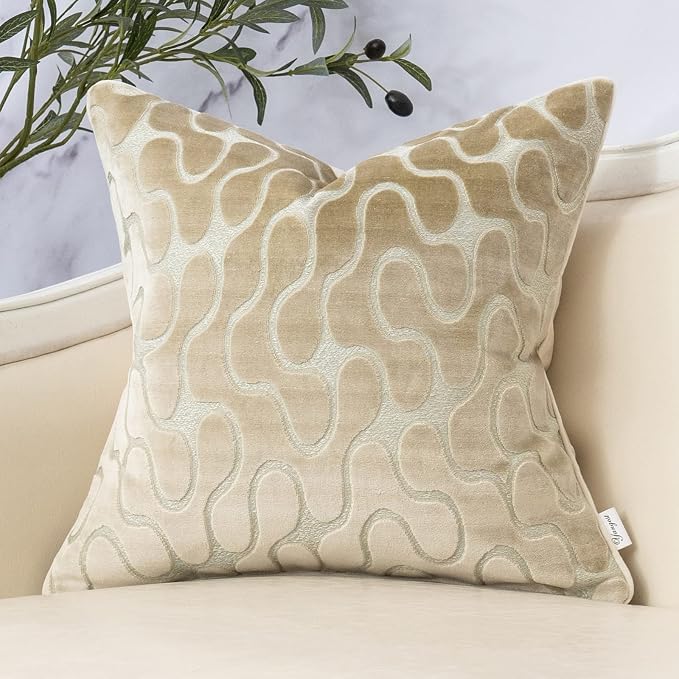 Beige Square Throw Pillow Cover Wavy Velvet Cushion Cover Modern Zippered Pillowcase for Sofa Couch Bedroom Living Room Chair, 18 x 18 Inch