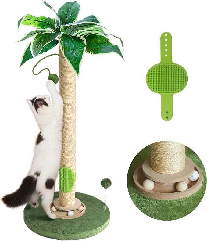 Fantasreen Cat Scratching Post 33'' Tall with Toy, Self Groomer for Indoor Cats