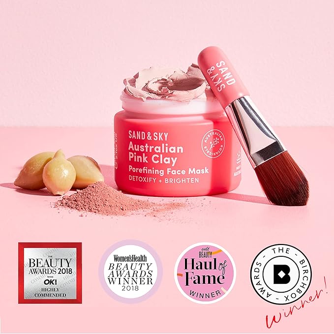 Sand & Sky Clay Mask for Face Pore Minimizer - Australian Pink Clay Detoxifying Face Mask for Pores, Kaolin Clay Mask, Brightening Vitamin C Formula, Brush Included