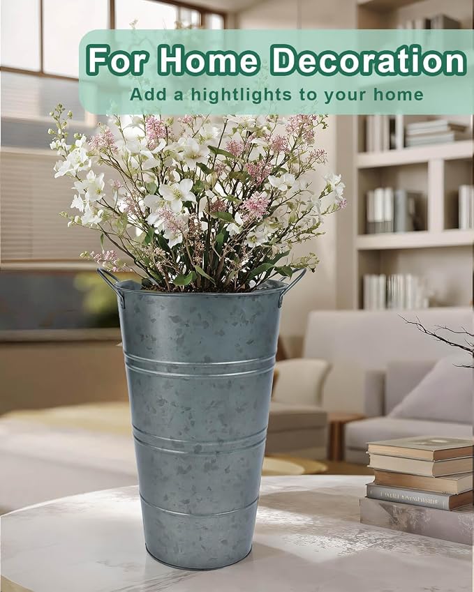 12 Inch Galvanized Metal Vase, 2 Pack Tall Flower Buckets with Handles | Galvanized metal flower buckets with handles, rustic tall vase design for dried flowers, weddings, farmhouse and home decor.