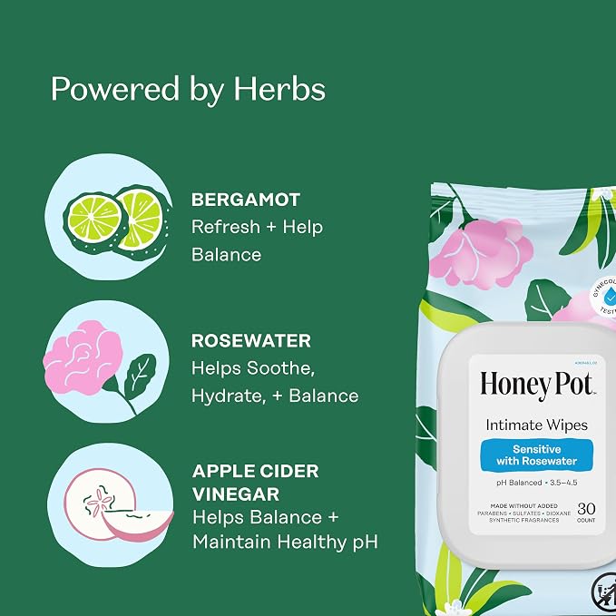 Honey Pot - Feminine Wash & Wipes - Sensitive w/Rosewater Bundle - Herbal Infused - Sensitive Skin Types - pH Balanced Plant Based Hygiene Products