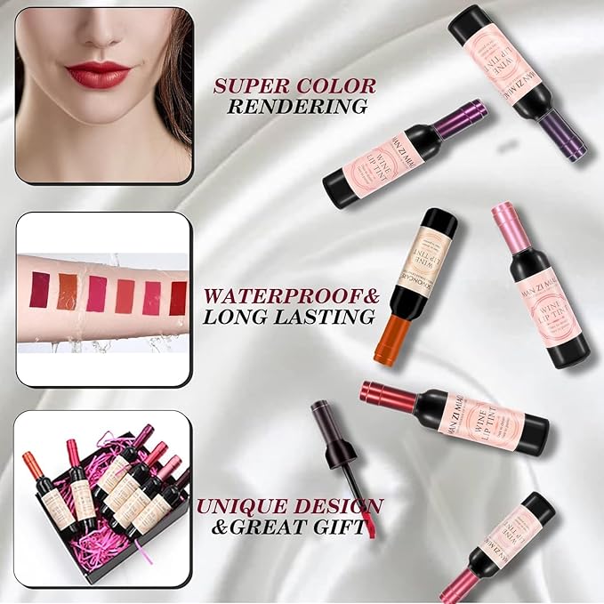 Wine Lip Tint 6 Colors, Waterproof Matte Long Lasting Lip Stain 24 hour, Non-stick Matte Liquid Lipstick, 6 Pcs Wine Bottle Lip Tint Stain, Mini Makeup Christmas Gift Sets for Girlfriends, Women, Moms