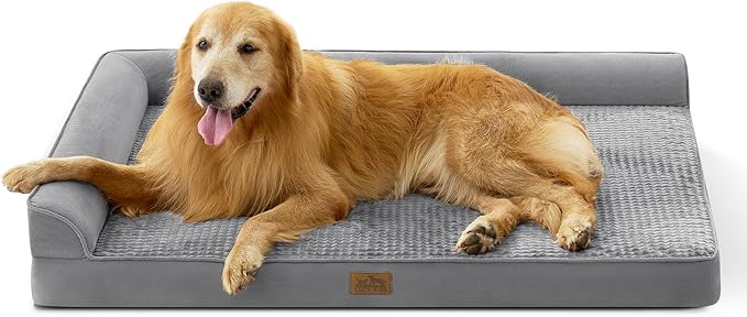 COZY KISS Orthopedic Dog Bed for Extra Large Dogs, L Shaped XXL 48x32 inch | Non-Slip Bottom Soft Pet Sofa with Washable Removable Waterproof Cover, Egg-Crate Foam Couch with Portable Handle, Grey