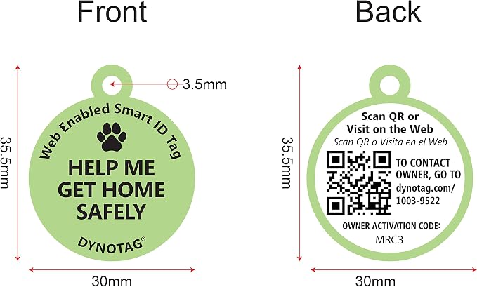 Dynotag® Web Enabled Super Pet ID Smart Tag. Deluxe Coated Steel, with DynoIQ™ & Lifetime Recovery Service. Fun Series (Green: Help Me Get Home Safely)