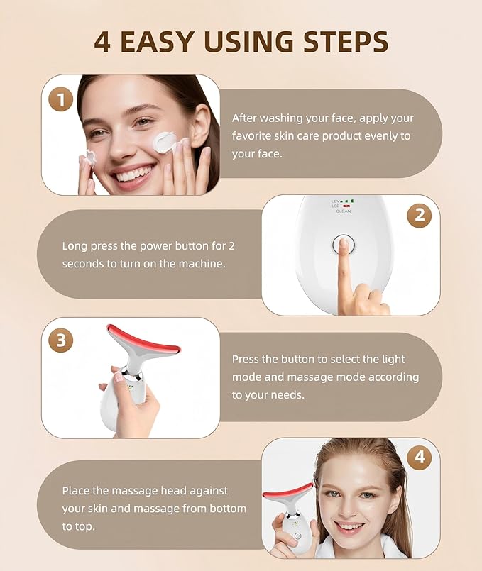 ELISHINE 7 Color Face and Neck Massager Light Therapy, Red Light Based Facial Massager for Skin Care, Smoothing, Firming (White)