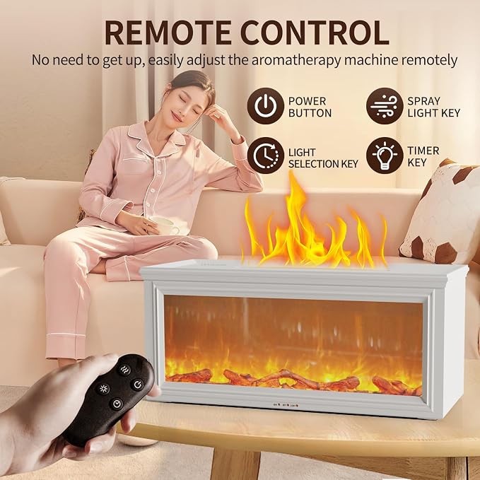 Fireplace Flame Essential Oil Diffuser, 280ml Aromatherapy Humidifier with Remote Control, 7 Color LED Lights, Ultrasonic Aroma Diffuser for Home Bedroom Office Yoga Spa, White