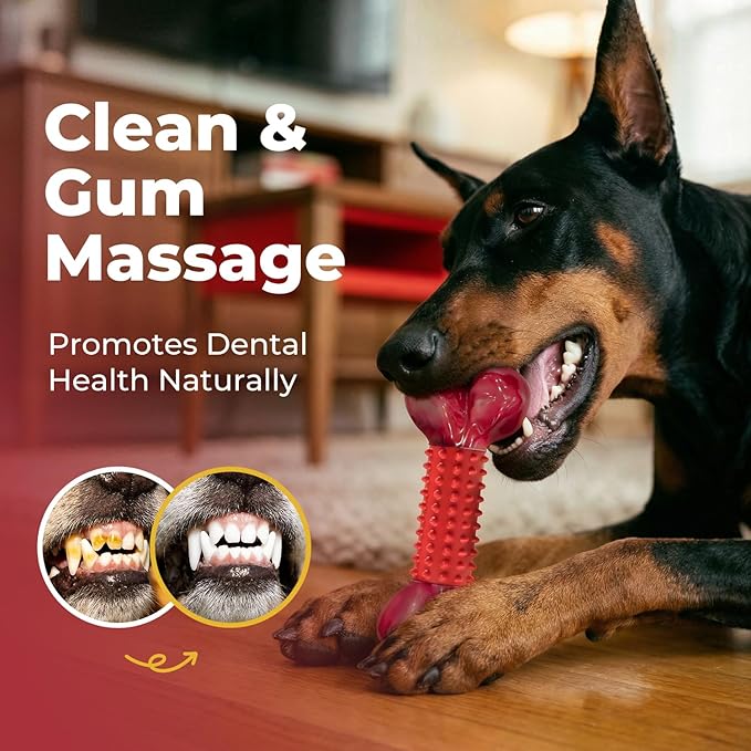 Tough Dog Toys for Aggressive Chewers: Beef Flavored Long Lasting Dog Bones for Large Dogs, Indestructible Dog Chew Toys to Keep Them Busy, Large Dog Toys for Medium & Large Breed, Red