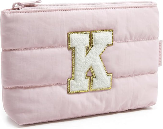 BAGSMART Personalized Makeup Bag with Initial, Pink Small Cosmetic Travel Organizer, Water-Resistant Pouch for Women & Teens for Bridesmaid Graduation (Initial-K, Small)