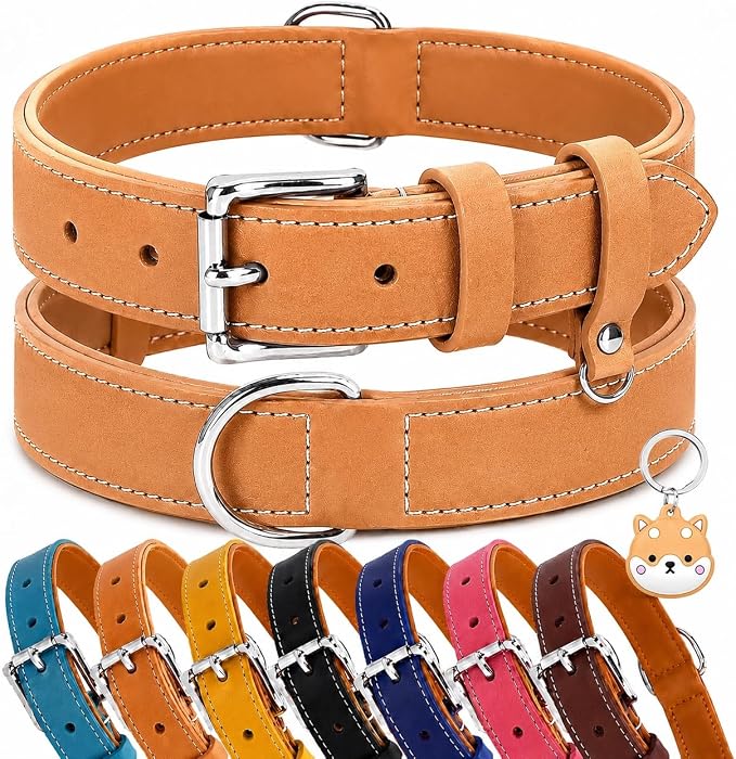 Genuine Leather Dog Collar, Soft Padded Leather Dog Collars with Airtag Holder Case for Small Medium Large X-Large Dogs,Comfort Heavy Duty Pet Collar with Durable Metal Buckle & D-Ring-Khaki/XL