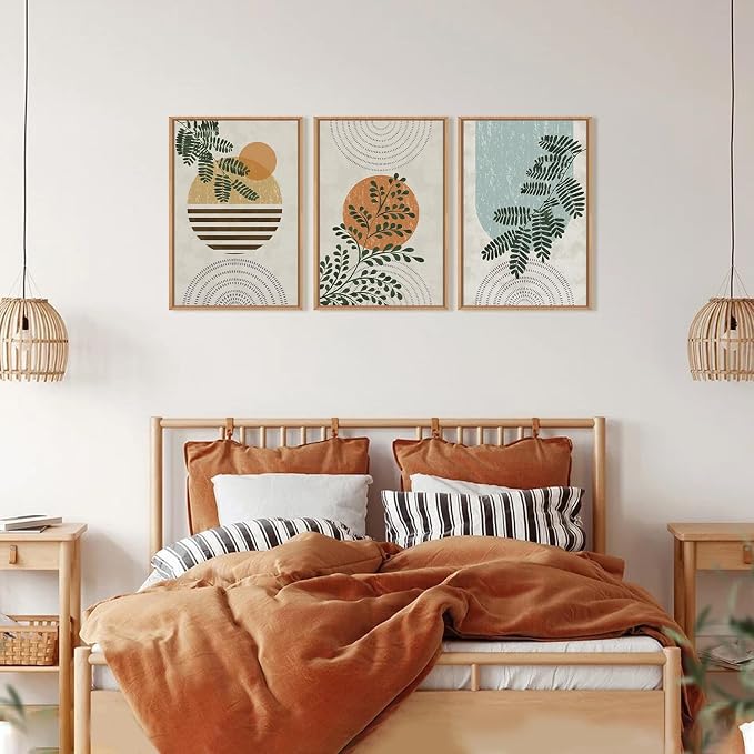 FWIEXA Framed Boho Canvas Wall Art Set, Sage Green Botanical Pictures Wall Decor, Abstract Plants Art Prints, Mid Century Modern Geometric Wall Painting, 3 Panel 16x24 Inches for Living Room, Bedroom, Office