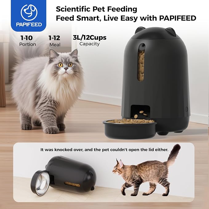 PAPIFEED Automatic Cat Feeder, 3L Cat Food Dispenser with Anti-Jam Design, Timed Cat Feeders for Dry Food, Slow Feeding Mode, Dual Power Supply Auto Pet Feeder for Cat