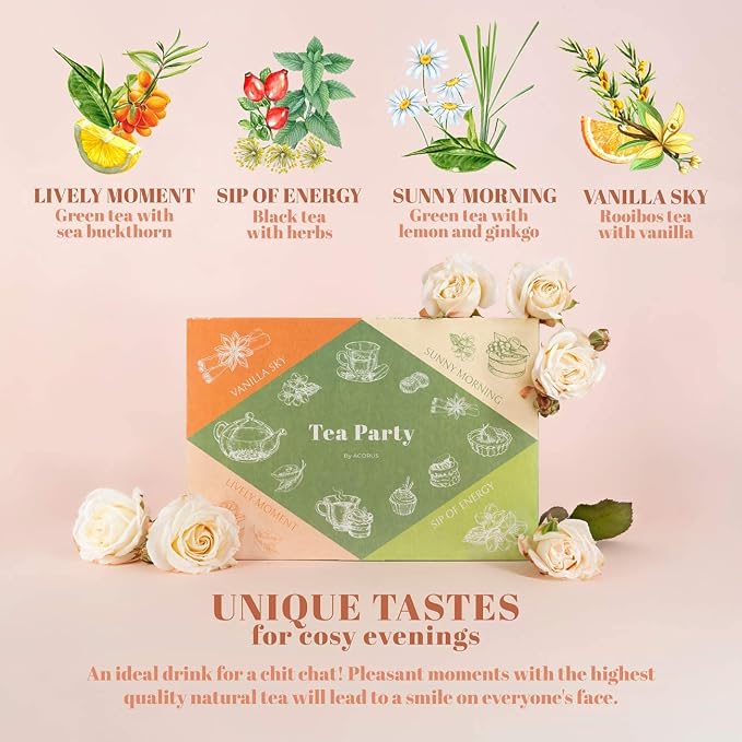 ACORUS Tea Party with 4 Different Flavors | Tea Set | 40 Count Natural Rooibos, Black Tea, Green Tea Packs with Beautiful Gift Box | Tea Bags Variety Pack