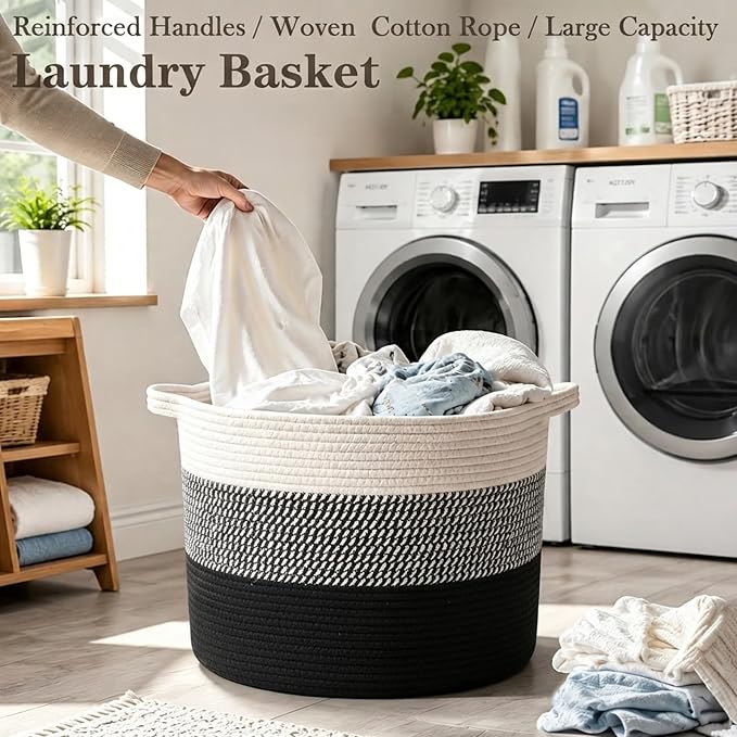 115L Extra Large Blanket Basket,Woven Laundry Basket-Mixed Black | Collapsible Nursery Storage Bin with Sturdy Handles, Organizes Clothes, Toys and Pillows for Living Room, Bedroom, Bathroom