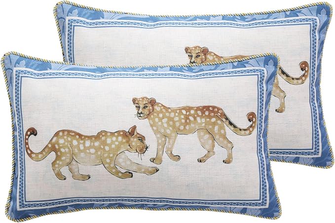 patdrea Designer Vintage Linen Throw Pillow Cover,12"x20",Set of 2-Fromm E | Elegant Decorative Pillow Case with Zipper,Leopard Pattern,Pillow Cover for Couch Living Room Bedroom Sofa