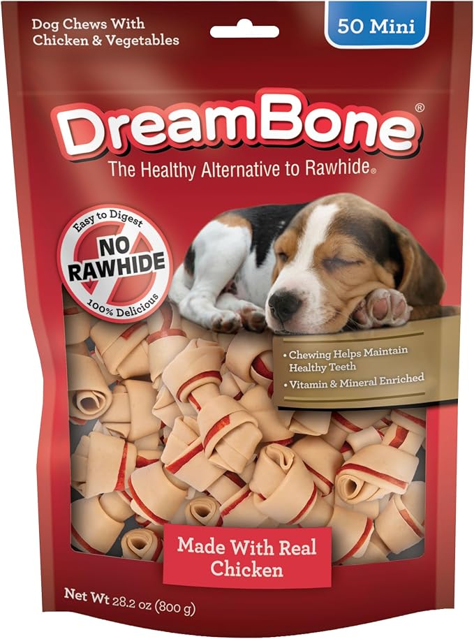 DreamBone Mini Bone Rawhide-Free Dog Treats With Real Protein, 50 Count | Daily Chew, Digests Safely and Completely, Made With Real Chicken and Veggies, For Adult Dogs