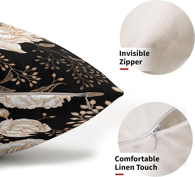 Vintage Peony Roses Floral Plant Lumbar Pillow Covers 12X20 Inch Set of 2 Chinoiserie White Flower Leaves Decorative Pillow Cases Black Gold Cushion Case Vintage Home Decor For Sofa Couch Outdoor