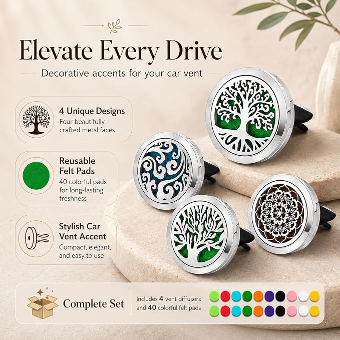 4 Pack Car Vent Essential Oil Diffuser Clips, Silver Tree of Life Air Freshener Vent Clips with 40 Colorful Felt Pads, Reusable Metal Car Aroma Diffuser for Essential Oils, Perfume
