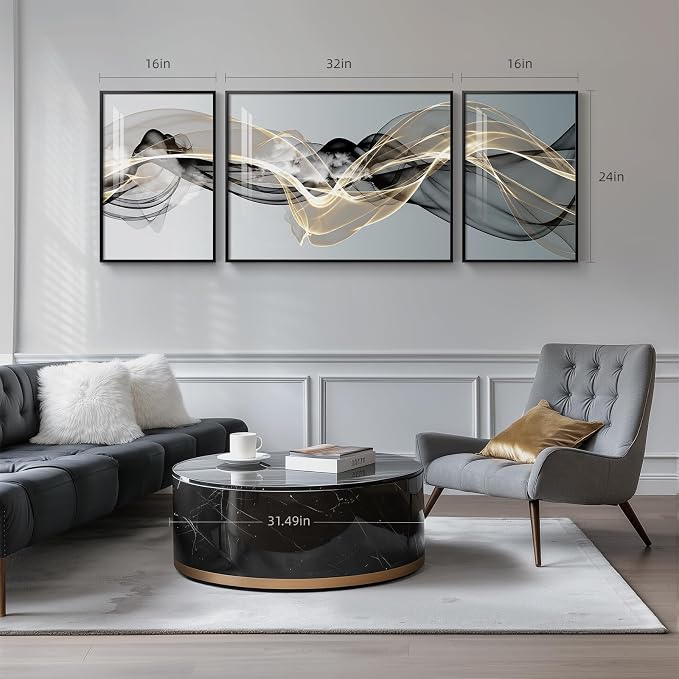 Large Framed Modern Luxury Abstract Wall Art for Living Room, 3 Piece Minimalist Prints Paintings Artwork for Walls, Black White Gold Abstract Line Pictures for Hallway Dining Bedroom Office Wall Decor