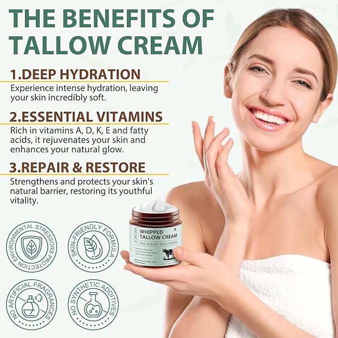 Whipped Beef Tallow for Skin - 100% Grass Fed Pure Beef Tallow with Honey, Natural Moisturizing Cream for Face and Body, Deep Hydration Softens Dry Skin, Nourishing Tallow Cream 4.2 Oz (2 Packs )