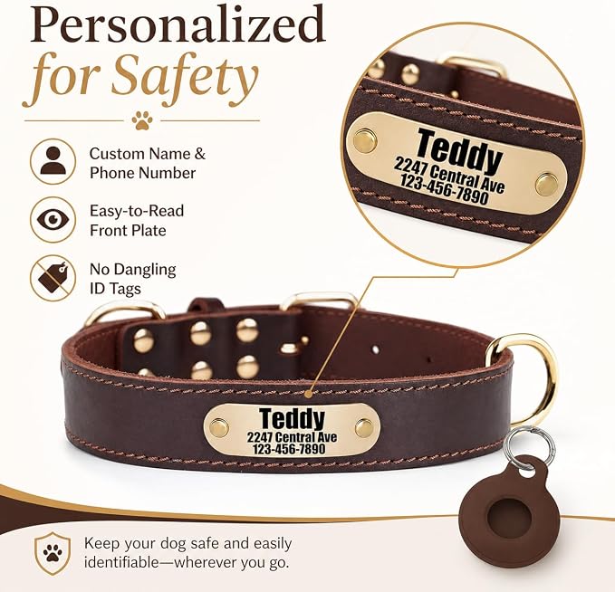 Personalized Genuine Leather Dog Collar with Name & Phone Number-Brown M