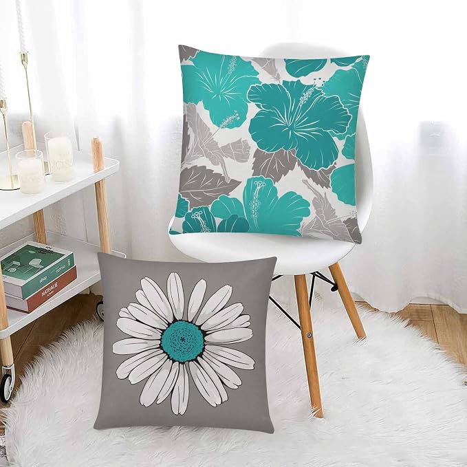 Teal Grey Throw Pillow Covers 16x16 Set of 6, Spring Floral Home Decor | teal floral, decorative cushion cover, Breathable Linen, Accent pillow, chair, small Sofa, spring summer farmhouse Decor