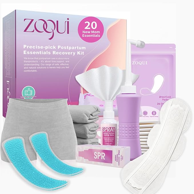 20 Pcs Mom Postpartum Essentials Recovery Kit, Hospital Bag Must Haves for New Mom, Postpartum Pads, Peri Bottle, Cooling Spray, Perineal Cooling Pad Liners, Disposable Underwear, Hot&Cold Packs(Set)