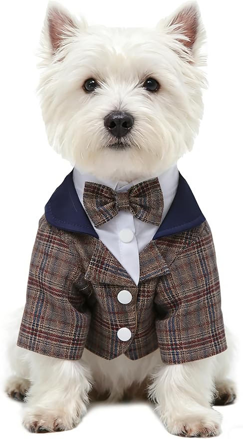GabeFish Pets Wedding Jackets Suit for Dogs with Bow Tie Puppy Cat Formal Clothes Shirt Tuxedo (Brown, L (Chest 17.3in/44cm))