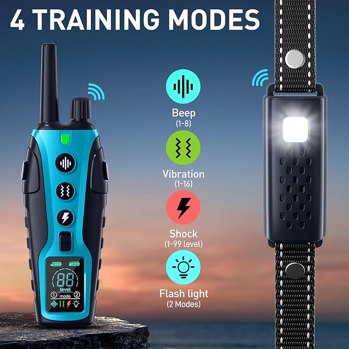Dog Shock Collar - 4500FT Dog Training Collar with Remote Waterproof e Collar with Flashing Light, Adjustable Pitch Beep(1-8), Vibration(1-16), Safe Shock(1-99), and Keypad Lock