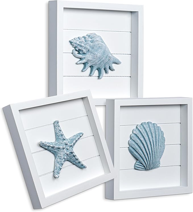 Tide and Tales 3D Coastal Wall Art, Beach Wall Decor, Framed Set of 4, Blue | 7" x 7", Textured 3d Seashells, Wall Decoration for Bathroom, Bedroom or Beach House, Lightweight, Hand Painted, Gift Boxed