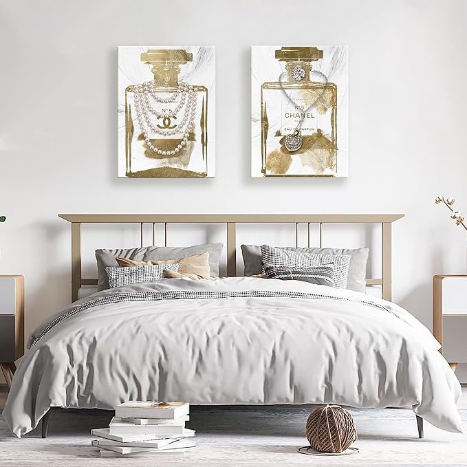 2 pieces Vintage Perfume Bottle Canvas Wall Art Modern Luxury Posters Print Fashion Glam Poster Picture for Bedroom Make up Room Home Decor 24"x36"