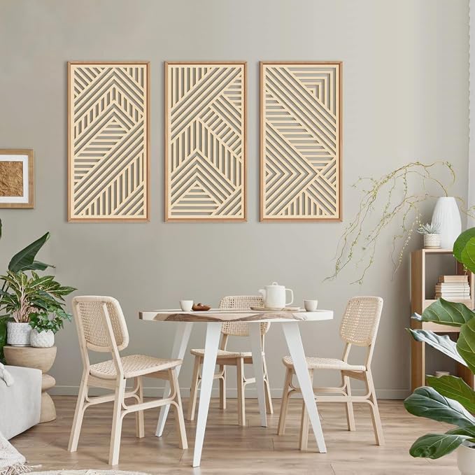 IARTTOP Large Boho Wooden Wall Art 16x32 Inch Framed Mid Century Modern Wood Wall Decor Minimalist Modern Bohemian Decor for Dining Room Living Room Bedroom Set of 3