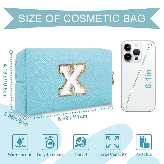 Small Personalized Initial A-Z Preppy Patch Makeup Bag,PU Chenille Letter Travel Cosmetic Pouch with Zipper,Blue Cute Toiletry Bag,Gift Ideal for Teen Girls Women Teacher Bridesmaid,Letter X
