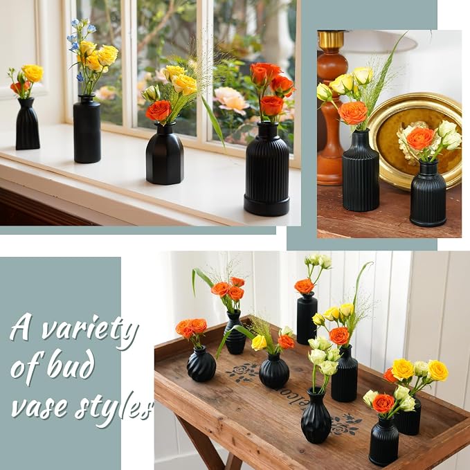 Black Vase, Bud Vases Set of 12 Small Glass Vase for Decor Centerpieces | Matte Ribbed Modern Vintage Flower Vases for Wedding Party Table Decoration Home Decor in Bulk
