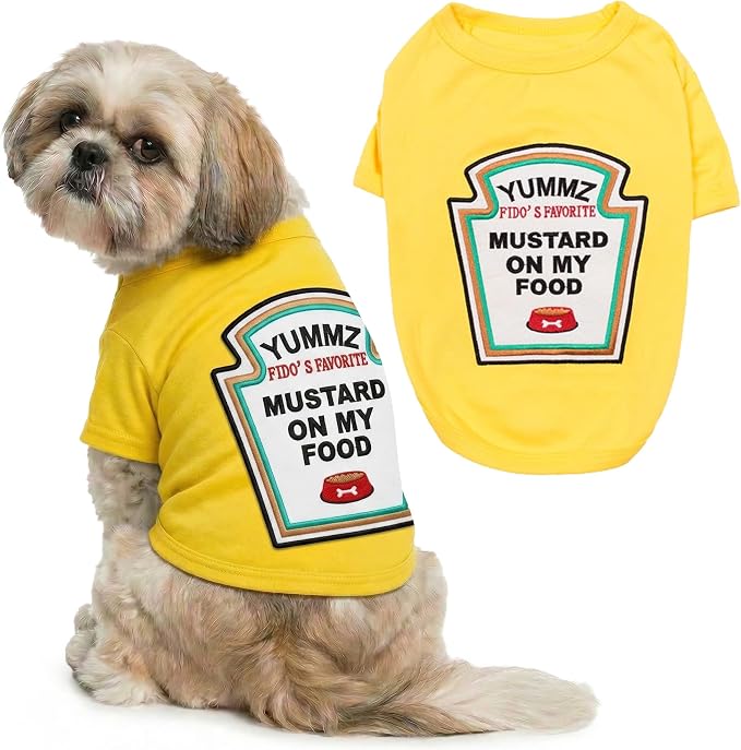 Parisian Pet Dog Costume - 100% Cotton Yellow Dog Clothes for Medium Dogs - Lightweight Puppy Outfits - Funny Schitzu Clothes - Sleeved Mustard Shirt for Dogs - Stretchy and Stylish Pet Costume