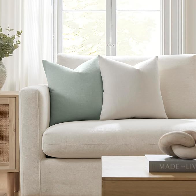 Meekio Set of 2 Sage Green Throw Pillow Covers 22x22, Modern Farmhouse Linen Blend Decorative Pillow Covers for Couch Sofa Bed, Neutral Home Decor