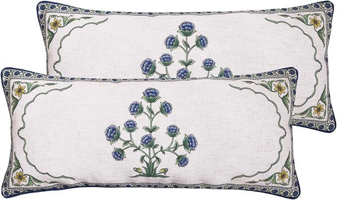 patdrea Designer Vintage Linen Throw Pillow Cover,12"x28",Set of 2-Ivar B | Decorative Pillow Case,Floral Pattern,White Pillow Cover for Couch Living Room Bedroom Sofa Outdoor