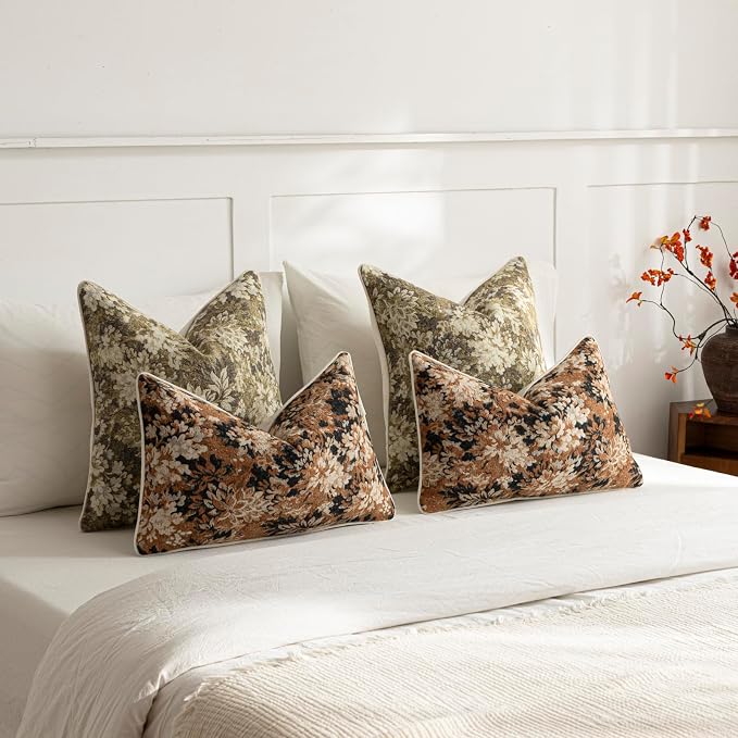 Pack of 2 Vintage Floral Throw Pillow Covers 18x18 Boho Farmhouse Accents Chenille Square Decorative Pillow Cases for Living Room Couch Bed Home Decor, Beige
