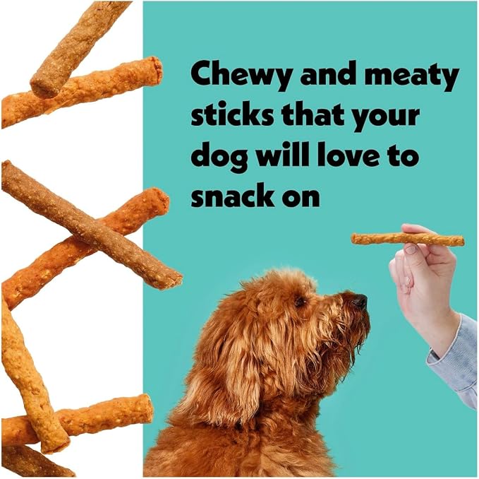 Wiggles & Wags Meaty Sticks Dog Treats, Chicken Bacon Beef Flavors, 16 oz with DN Essentials Bone Shaped Waste Bag Dispenser & Roll