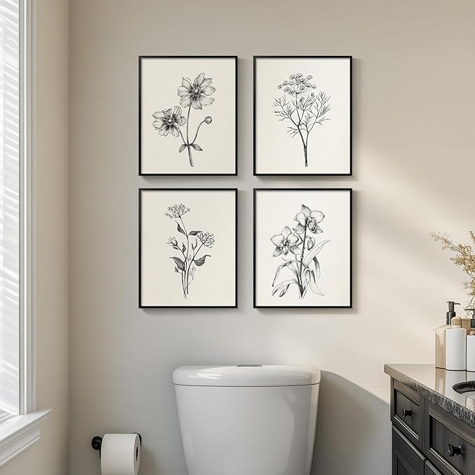 Framed Black and White Minimalist Floral Bathroom Wall Art, 4 Piece 8x10 In | Modern farmhouse wall decor, Flower botanical pictures, Waterproof canvas prints, Living room kitchen hallway bedroom decor