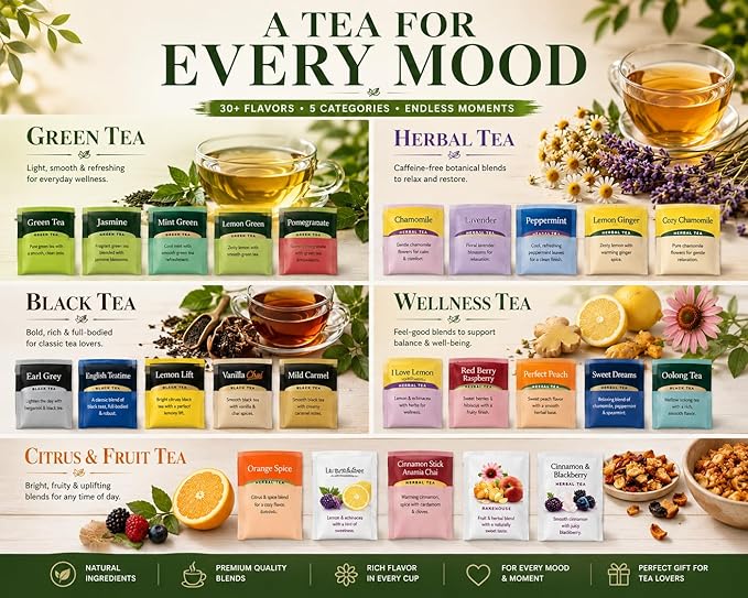 Generic Perfect Tea 48 Variety Pack Sampler Assorted Tea Bags | Black, Green, Decaf & Herbal Teas | Tea Gift Set, Office Breakroom