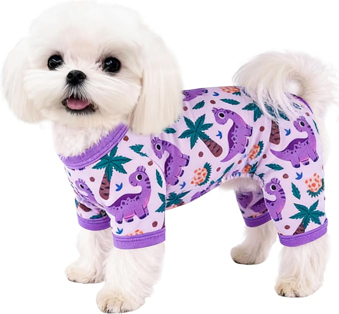 Dog Summer Pajamas Onesie Soft Breathable Puppy Jumpsuit Lightweight Dog Clothes for Small Medium Dogs Cat Pet Clothes(Purple Dinosaur, X-Small)