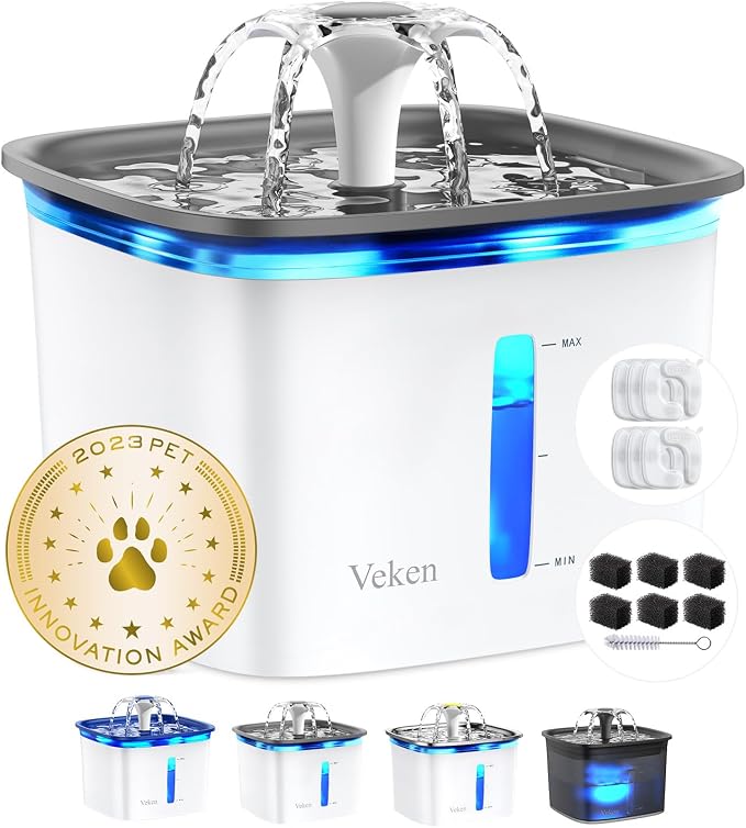 Veken Innovation Award Winner 95oz/2.8L Cat Water Fountain | Automatic Pet Fountain Dog Water Dispenser with 6 Replacement Filters & Silicone Mat for Cats, Dogs (Grey, Plastic)