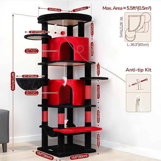 Globlazer 66in Gothic Corner Cat Tree for Indoor Large Cats, C66, Black Red | Space-Saving Stable Goth Cat Tower with 6 Scratching Posts, 2 Large Fan-shaped Condos & Top Perch, Hammock, Climbing Steps