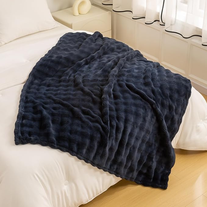 YUSOKI 3D Fleece Bubble Queen Size Blanket, Navy Blue, 90"x90" | Ultra Soft, Non-Shedding, Lightweight for All Season Use, stays fluffy after repeated washes, Perfect Gifts, Machine Washable