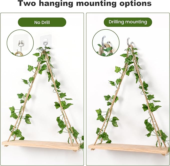 RICHER HOUSE Hanging Floating Shelves No Drill, Macrame Plant Wall Shelf | 2 Set Boho Trinket Shelf with Artificial Ivy and LED Lights, Wall Art Aesthetic Decor, for Bedroom, Dorm, Two-Way Install