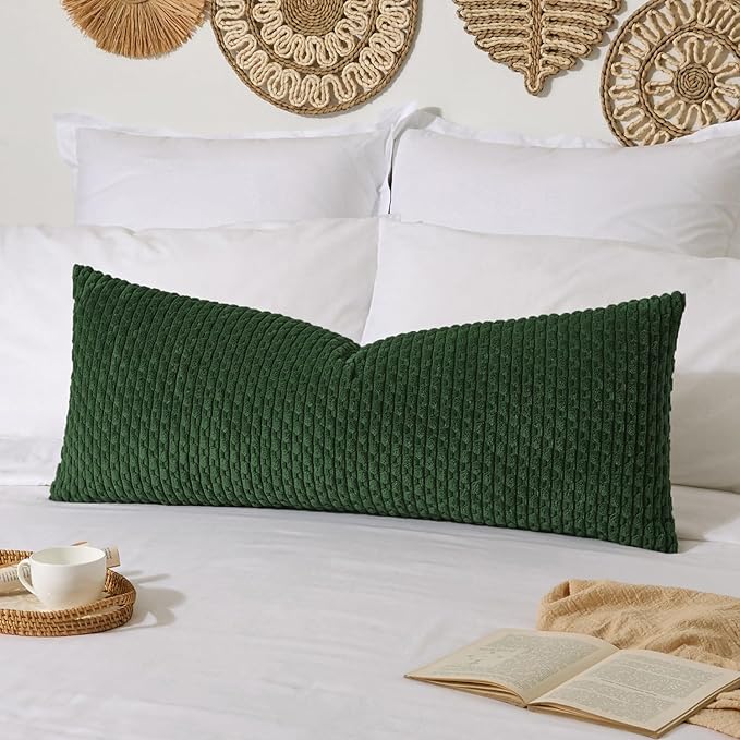 Kevin Textile Soft Corduroy 20"x54" Body Pillow Cover 1 Pack, Army Green | Boho Stripe Plush Corduroy Decorative Oblong Cushion Cover Modern Farmhouse Home Decor for Sofa Couch Bed Chair